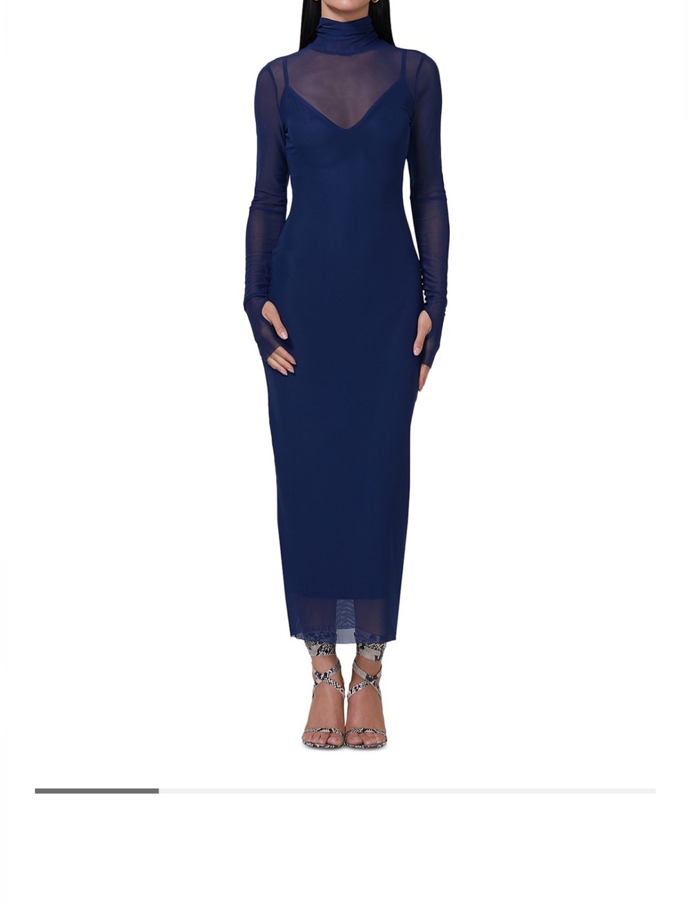 AFRM Navy Sheer-Panel Long Sleeve Midi Dress